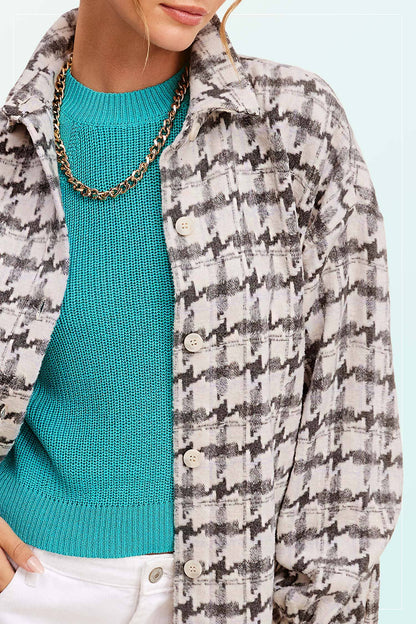 Oversized Houndstooth Patterned Soft Brushed Shacket