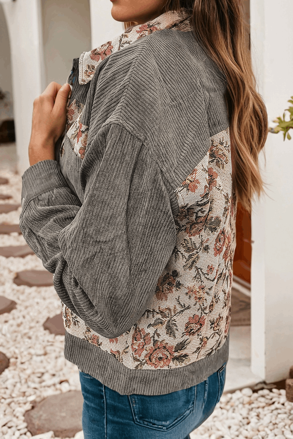 Ribbed Retro Floral Patchwork Shirt Style Jacket