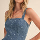 STAR PRINTED DENIM FLARED MINI DRESS