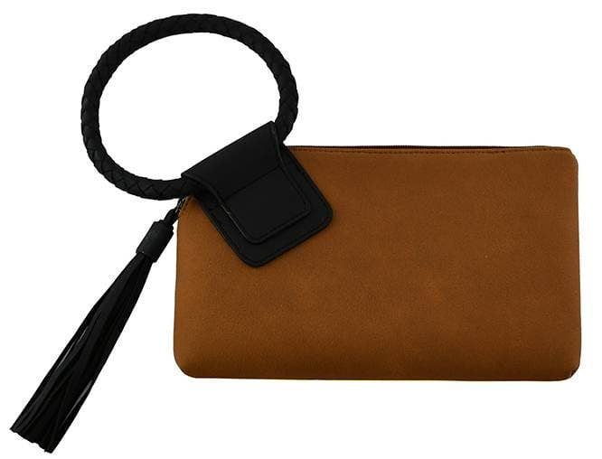 Faux Suede Cuff Handle Tassel Wristlet/Clutch
