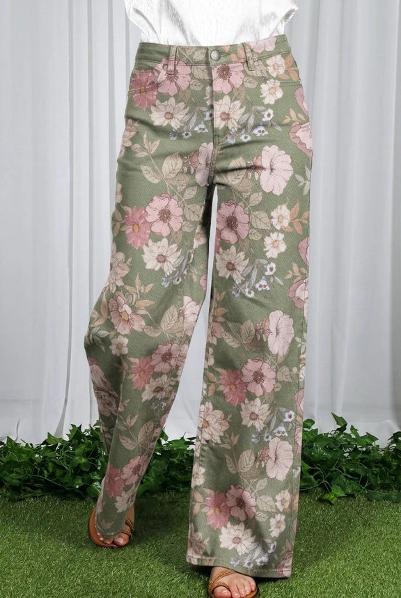 Floral Print Straight Leg Jean Pants