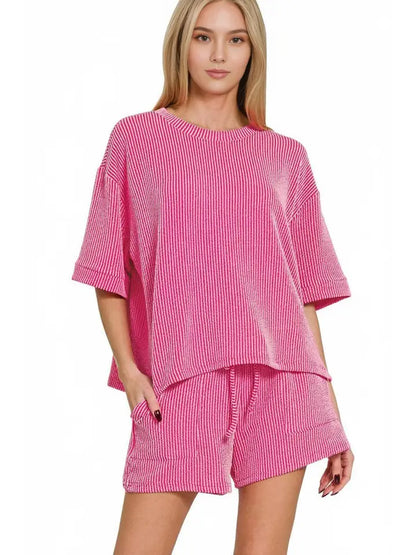 Ribbed Half Sleeve Tee & Short Pants 2PC Set