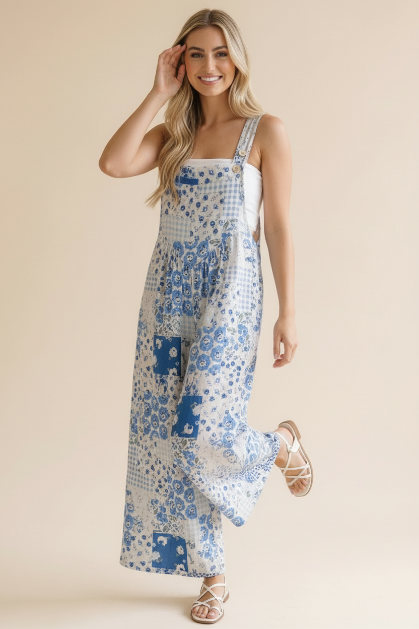 Floral Patchwork Wide Leg Bib Overalls