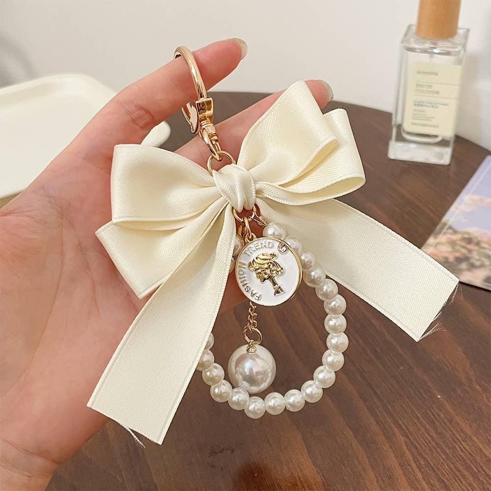 Ribbon Large Bow Pearl Bag Accessory Keychain - Southern Sassy Boutique