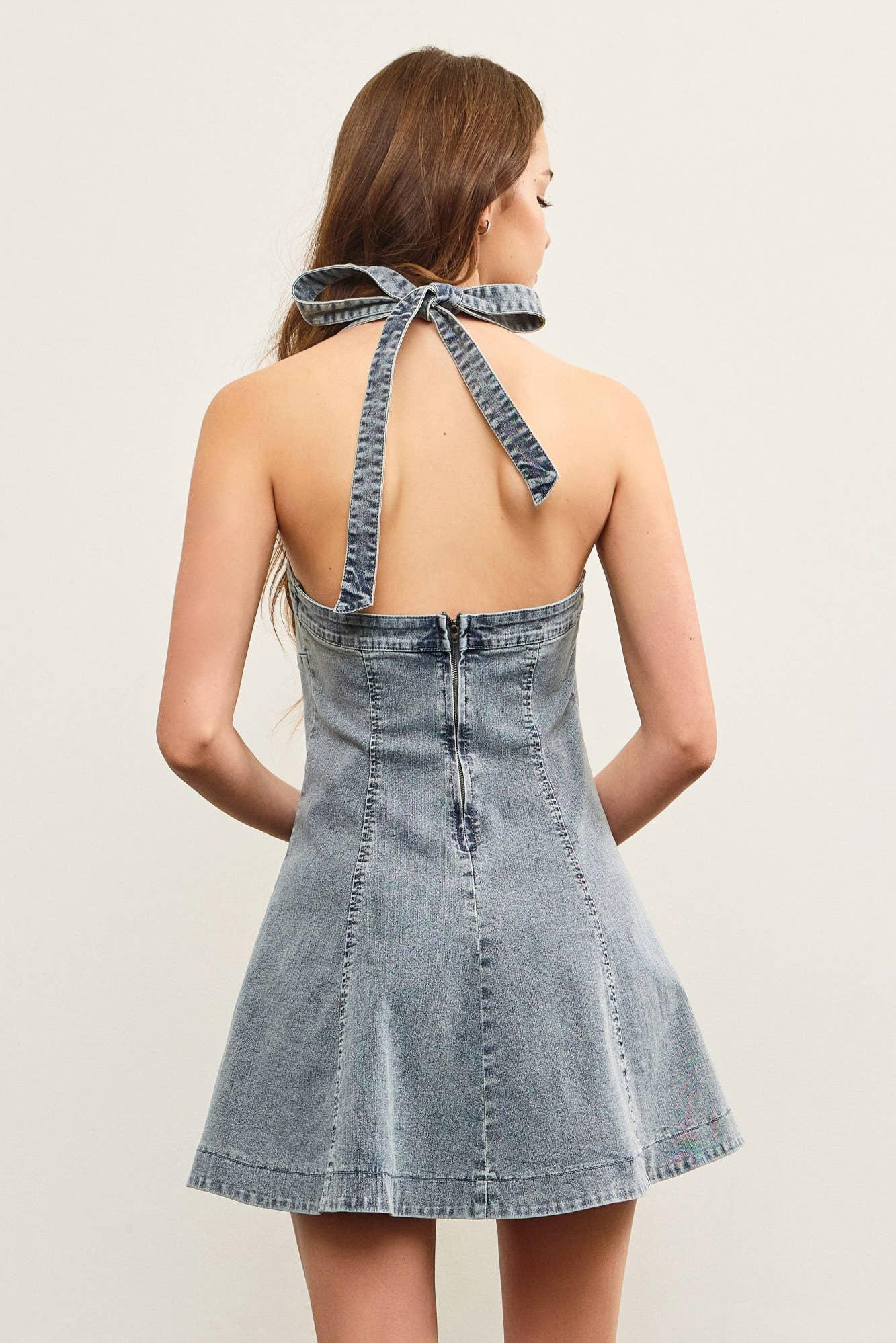 TIED HALTER NECK FLARE DENIM DRESS - Southern Sassy Boutique