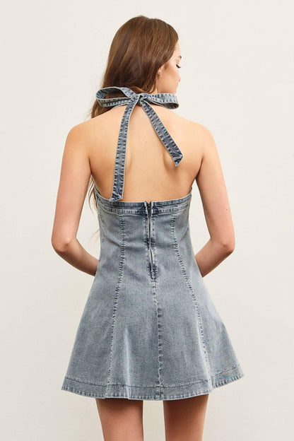 TIED HALTER NECK FLARE DENIM DRESS - Southern Sassy Boutique