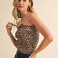 LEOPARD DENIM FRONT BOW SMOCKED STRAPLESS TOP