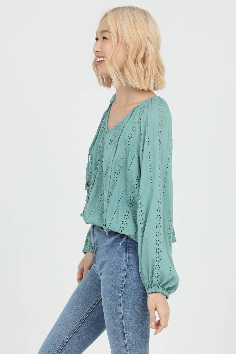 EYELET EMBROIDERED BUTTON FRONT BLOUSE