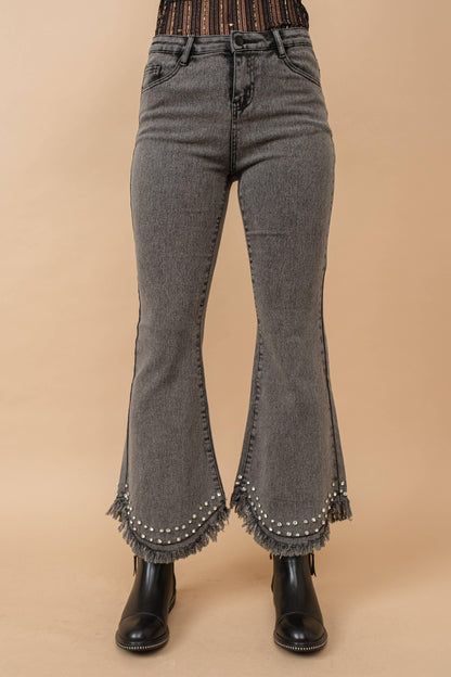 Destressed Bottom Edge w/ Rhinestone Jeans - Southern Sassy Boutique