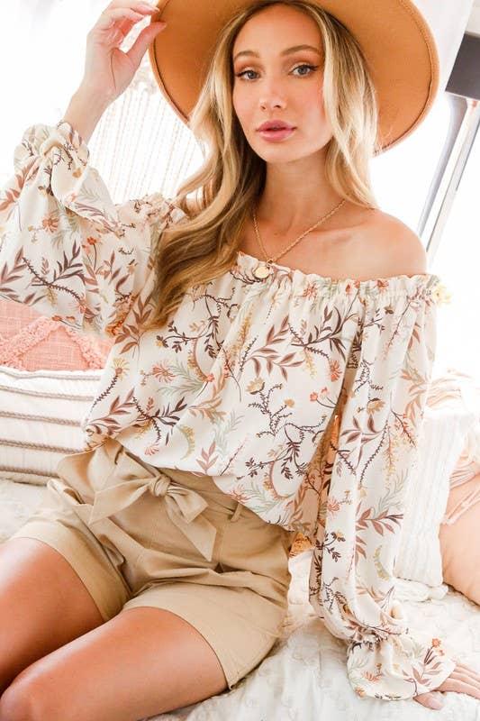 Floral Eyelet Lace Tie Front V-Neck Long Puff Blouse Top Off Shoulder Woven Blouse Top - Southern Sassy Boutique