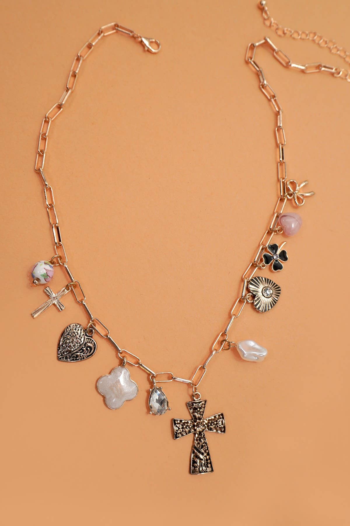CHARM NECKLACE-CLOVER CROSS  HEART BOW PORCELAIN