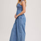 DENIM SMOCKED STRAP WIDE LEG JUMPSUIT