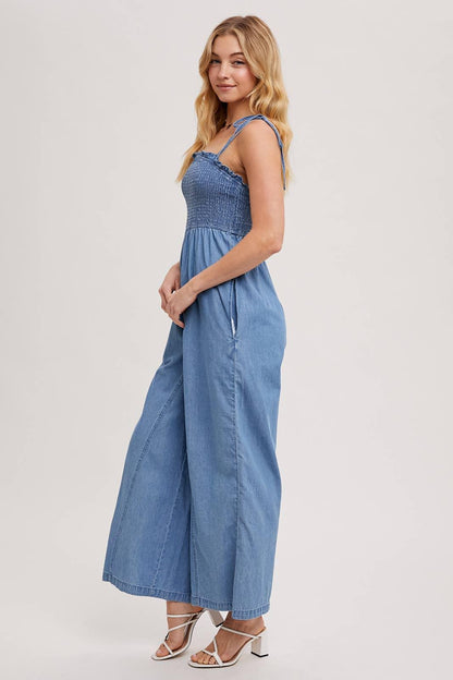 DENIM SMOCKED STRAP WIDE LEG JUMPSUIT - Southern Sassy Boutique