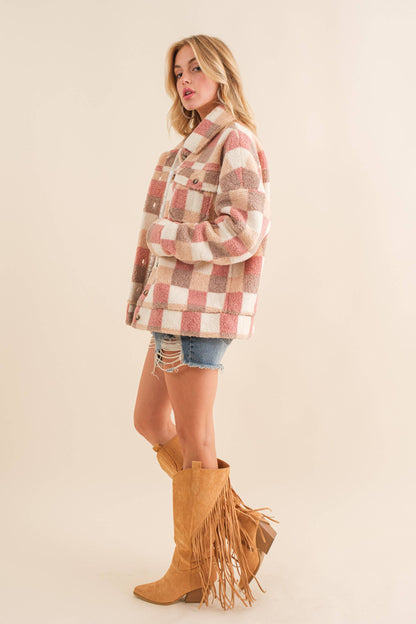 Checkered Teddy Chest Pocket Oversized Jacket