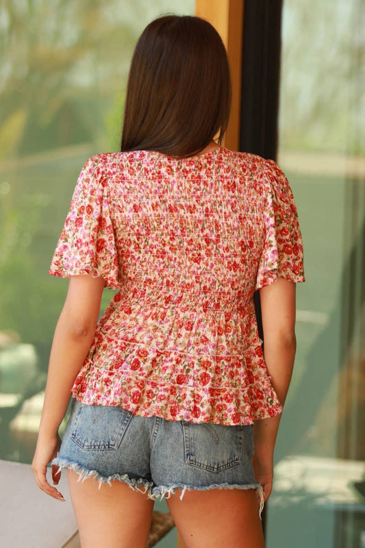 V Neck Smocked Bodice Floral Top