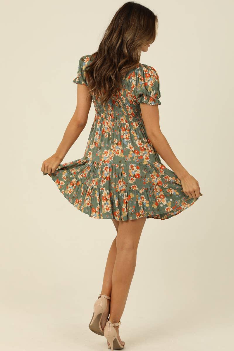 V NECK SMOCKED BODICE SHORT SLEEVE DRESS - Southern Sassy Boutique