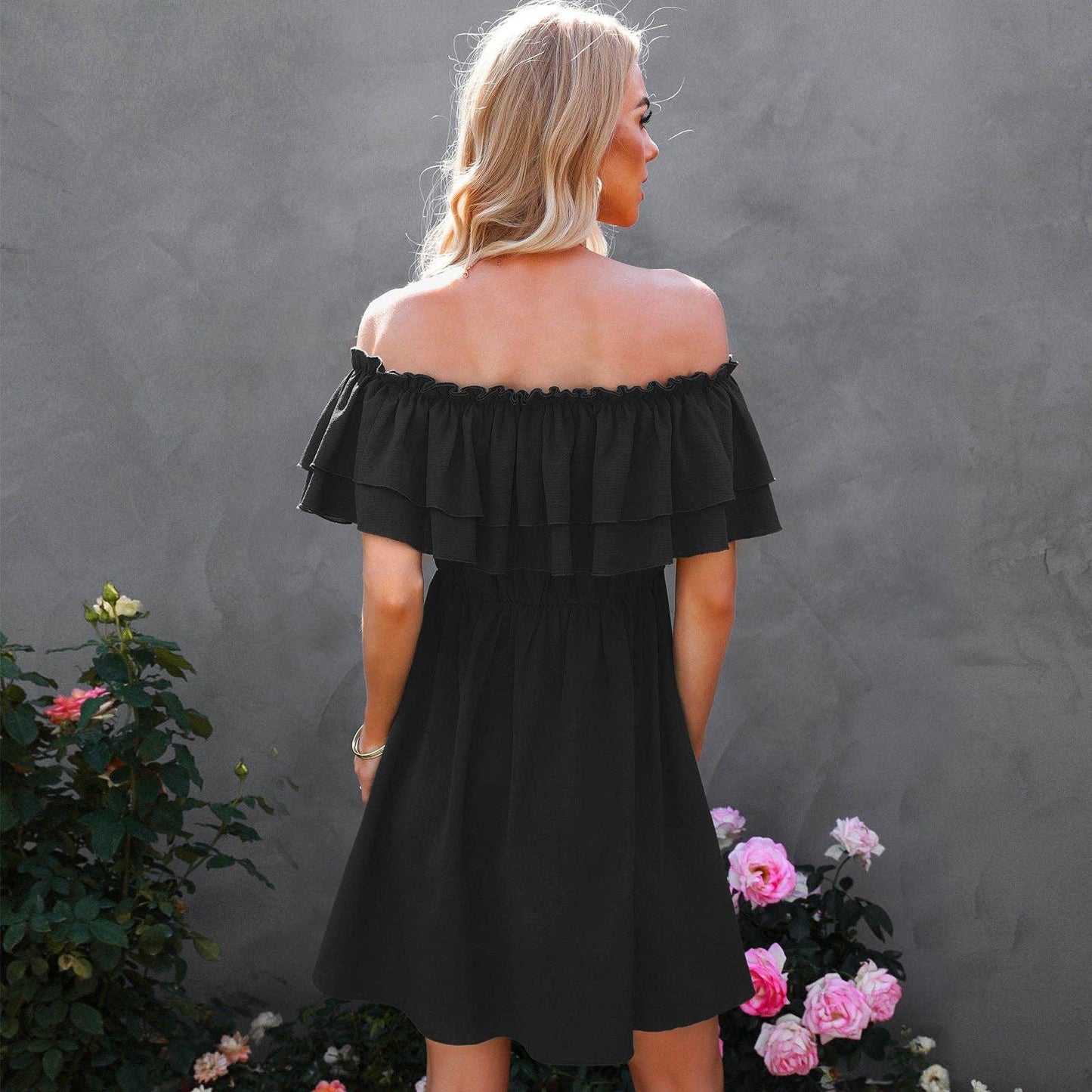 Off Shoulder Ruffle Tie Trim Dress - Southern Sassy Boutique