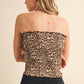LEOPARD DENIM FRONT BOW SMOCKED STRAPLESS TOP