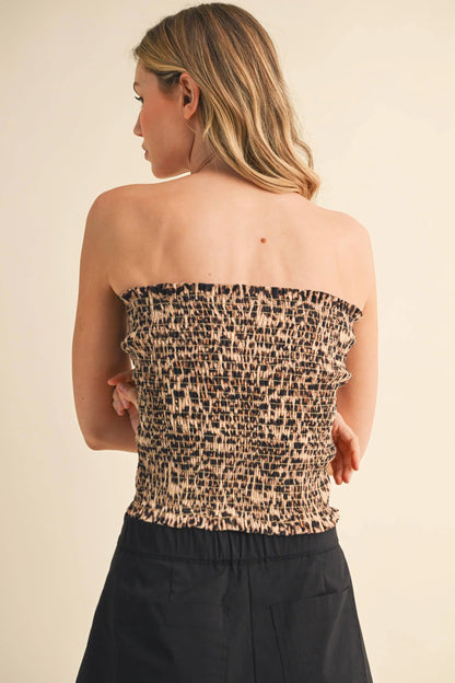 LEOPARD DENIM FRONT BOW SMOCKED STRAPLESS TOP - Southern Sassy Boutique