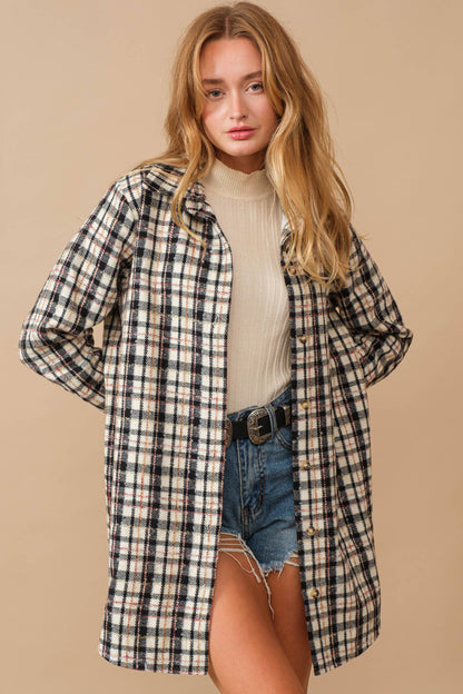 Yarn Dyed Plaid Metallic Wool Blend Button Jacket