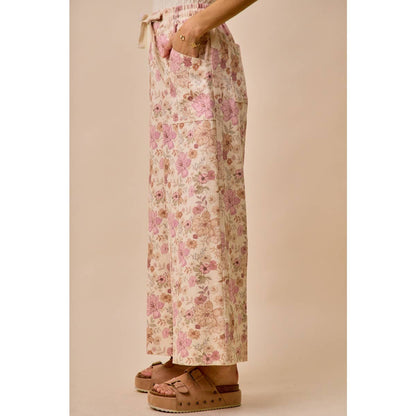 Floral Print Twill Wide Leg Pants
