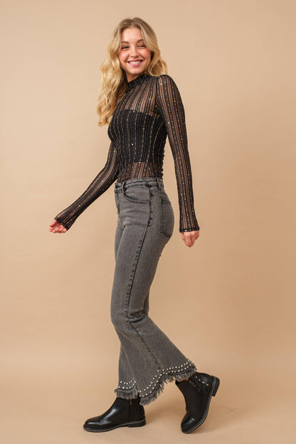 Destressed Bottom Edge w/ Rhinestone Jeans - Southern Sassy Boutique