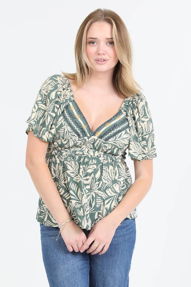 Strappy V Neck Top with Puff Sleeves