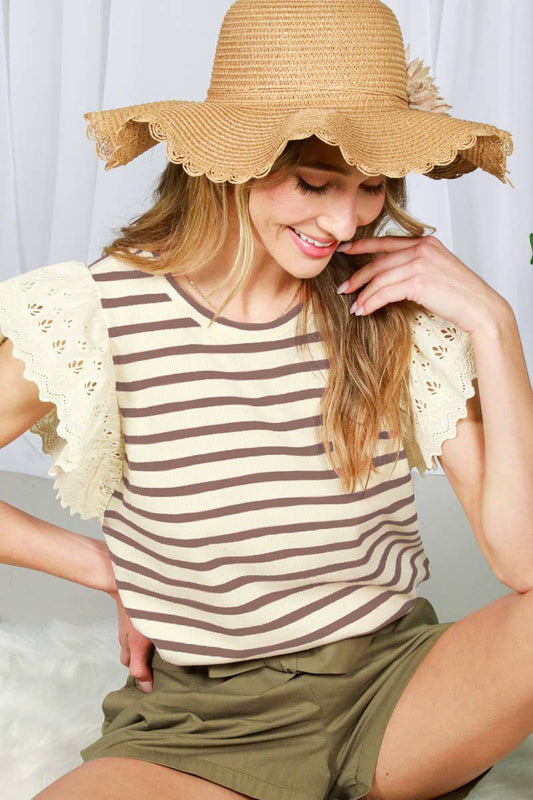 Lace Flutter Sleeve Striped Cotton Rib Knit Top