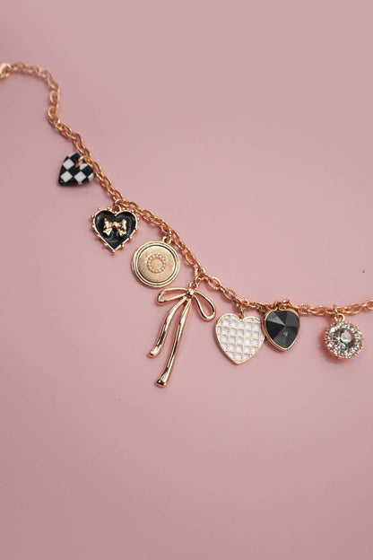 Charm Necklace-Bow Checker Heart Rhinestone