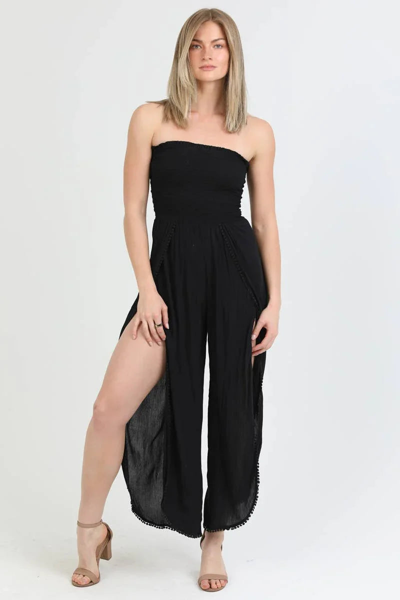 ASIS SMOCKED BODICE STRAPLESS WRAP LEG JUMPSUIT - Southern Sassy Boutique