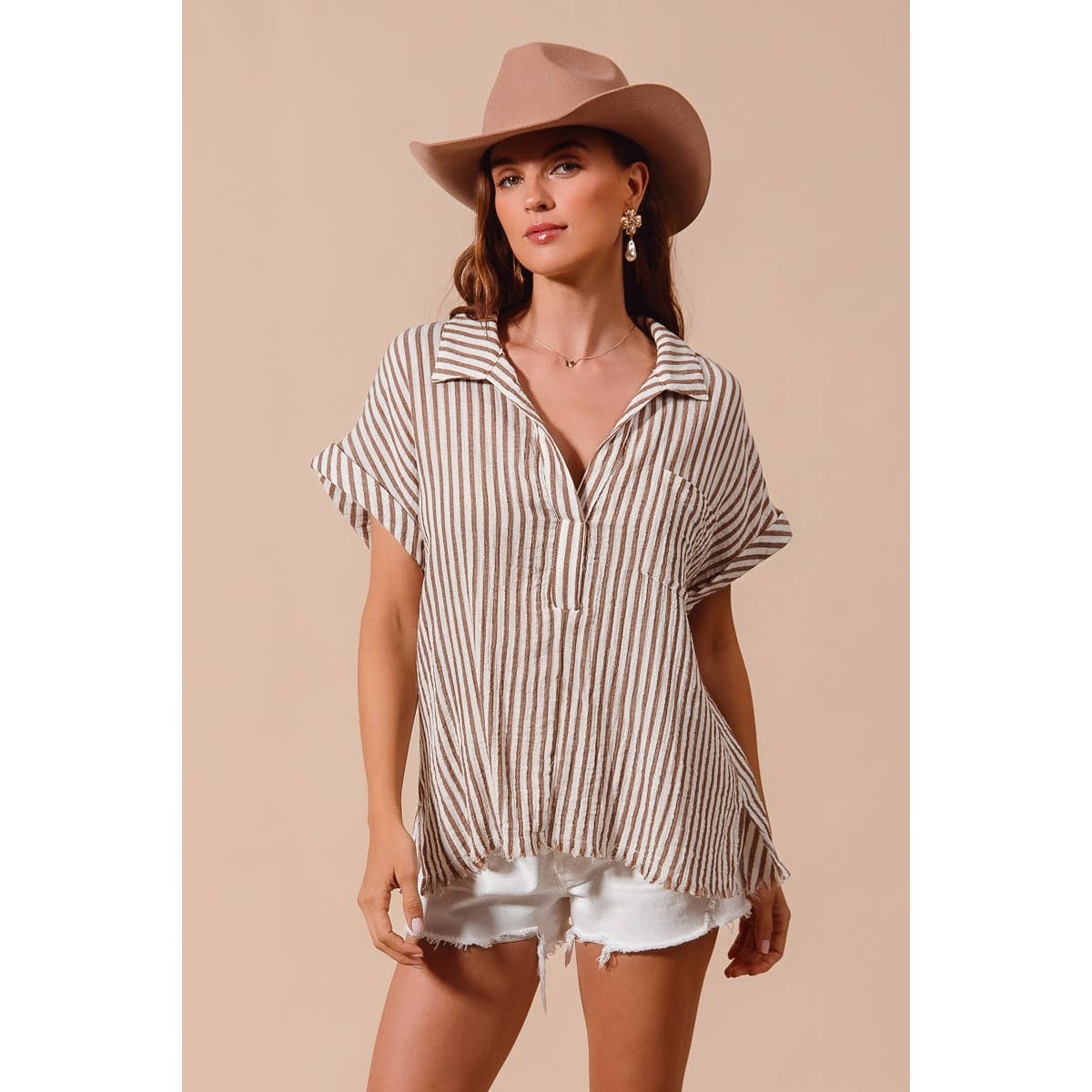 PLACKET DOLMAN STRIPE SHIRT BLOUSE TOP