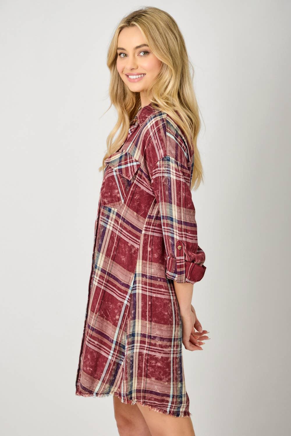 Washed Plaid Shirt Dress - Southern Sassy Boutique