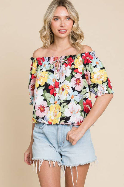 Curvy Of Shoulder Floral Top with Puff Sleeves