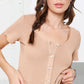 Stretchy Brushed Waffle Knit Short Sleeve Button Top