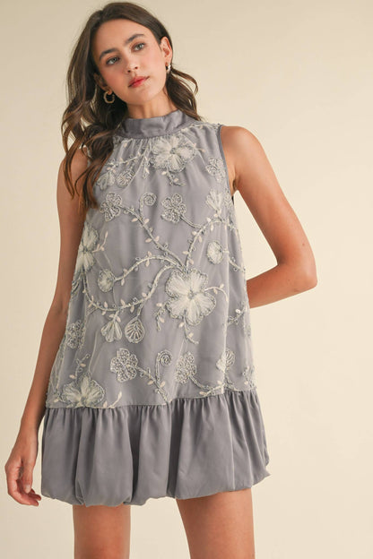 BUBBLE HEM EMBELLISHED MIXED MEDIA MINI DRESS