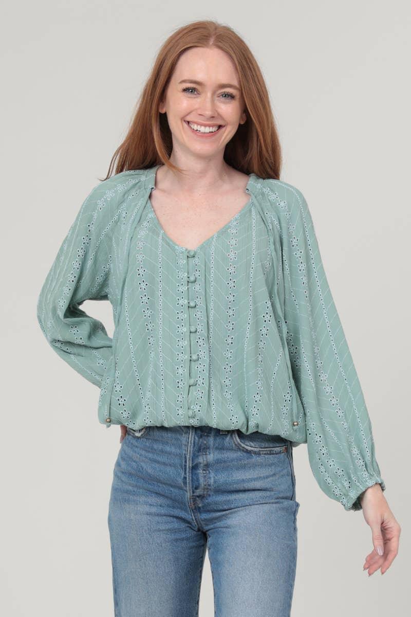 EYELET EMBROIDERED BUTTON FRONT BLOUSE