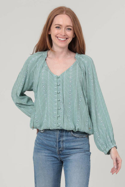 EYELET EMBROIDERED BUTTON FRONT BLOUSE