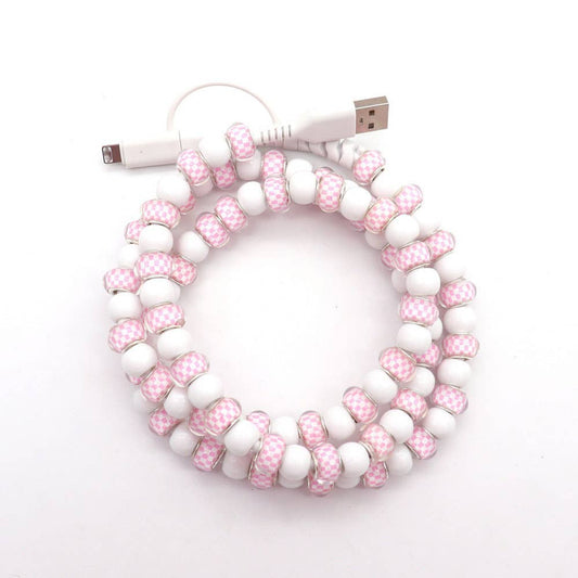 Pink heart & Floral & checker Beaded 2 in 1 Charging Cable