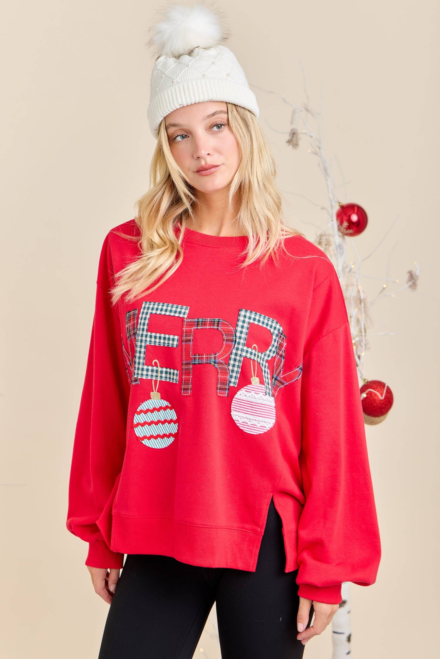 Merry With Ornament Patchwork Oversized Long Sleeve Top - Southern Sassy Boutique