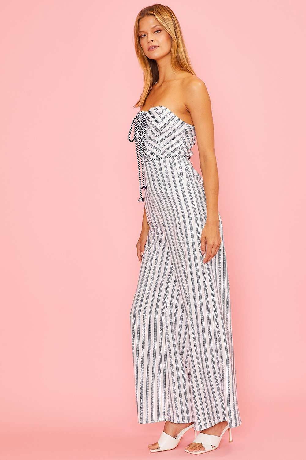 Strapless Front Cross Tie Stripe Jumpsuit