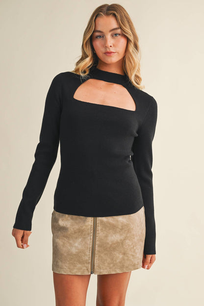 RIBBED MOCK NECK CUT-OUT SWEATER TOP