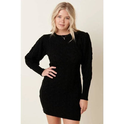 CABLE DETAIL PUFFSLEEVE SWEATER DRESS - Southern Sassy Boutique