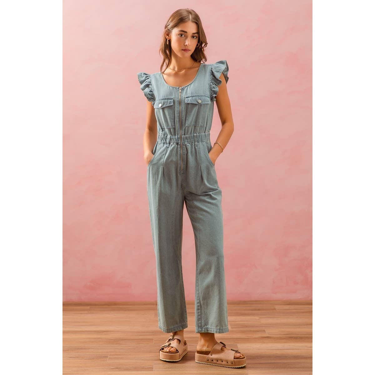 FRONT FLUTTER SLEEVE DENIM JUMPSUIT