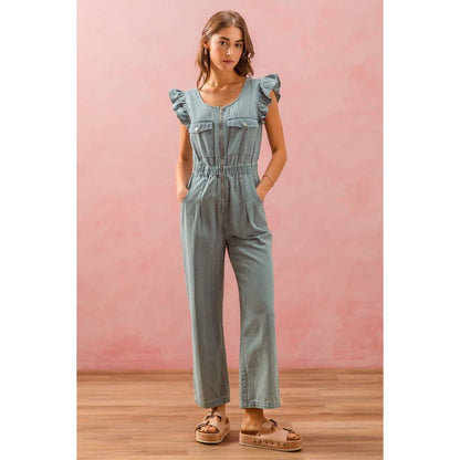 FRONT FLUTTER SLEEVE DENIM JUMPSUIT