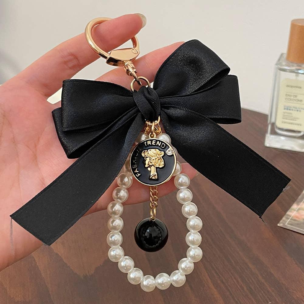 Ribbon Large Bow Pearl Bag Accessory Keychain - Southern Sassy Boutique