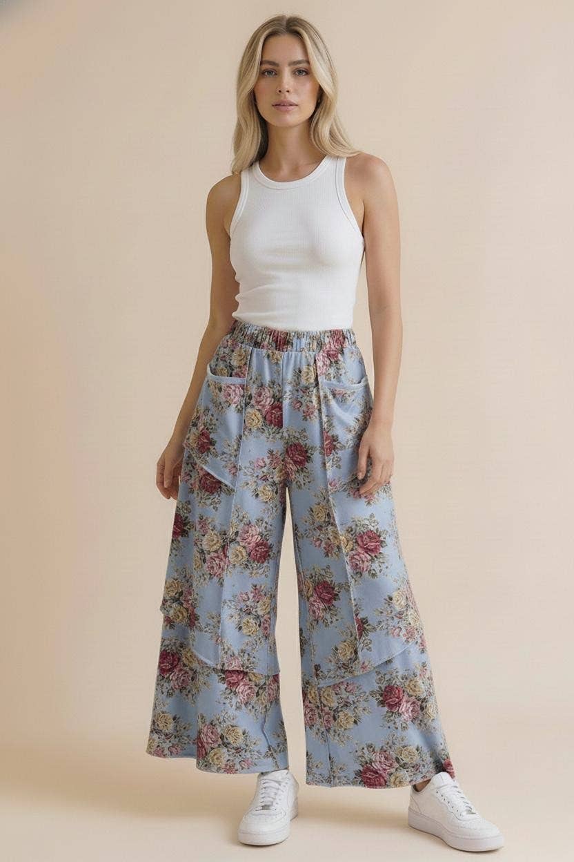 Elastic Waist Wide Leg Vintage Floral Pant