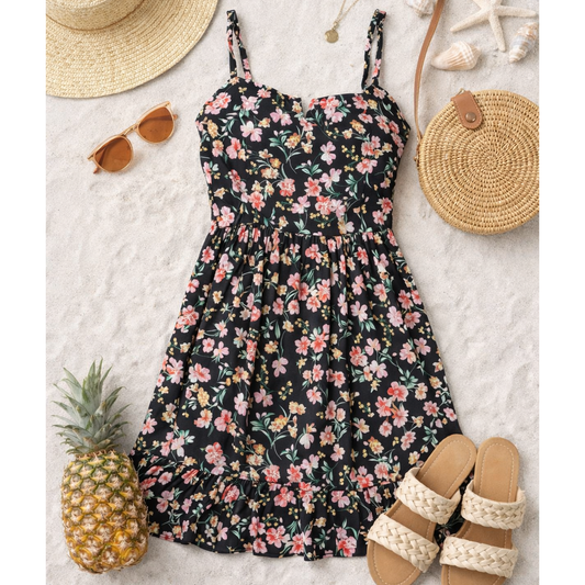 Floral Flare Tie Shoulder Dress