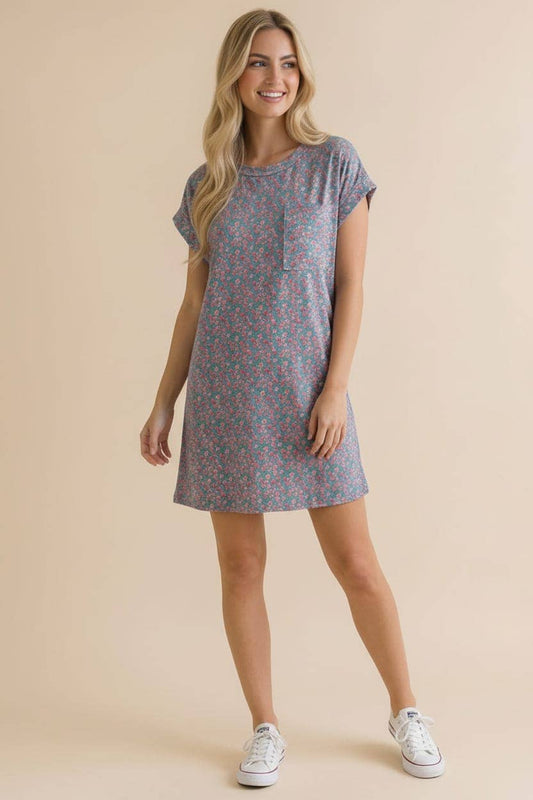 Crew Neck Floral Shift Dress Rib Dress