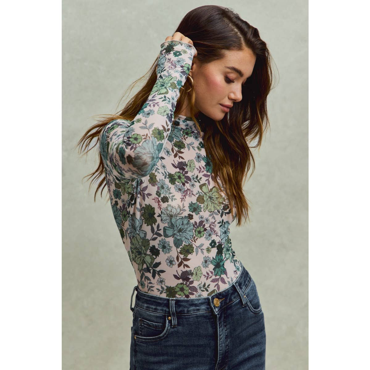 Floral Print Mesh Knit Long Sleeve Top