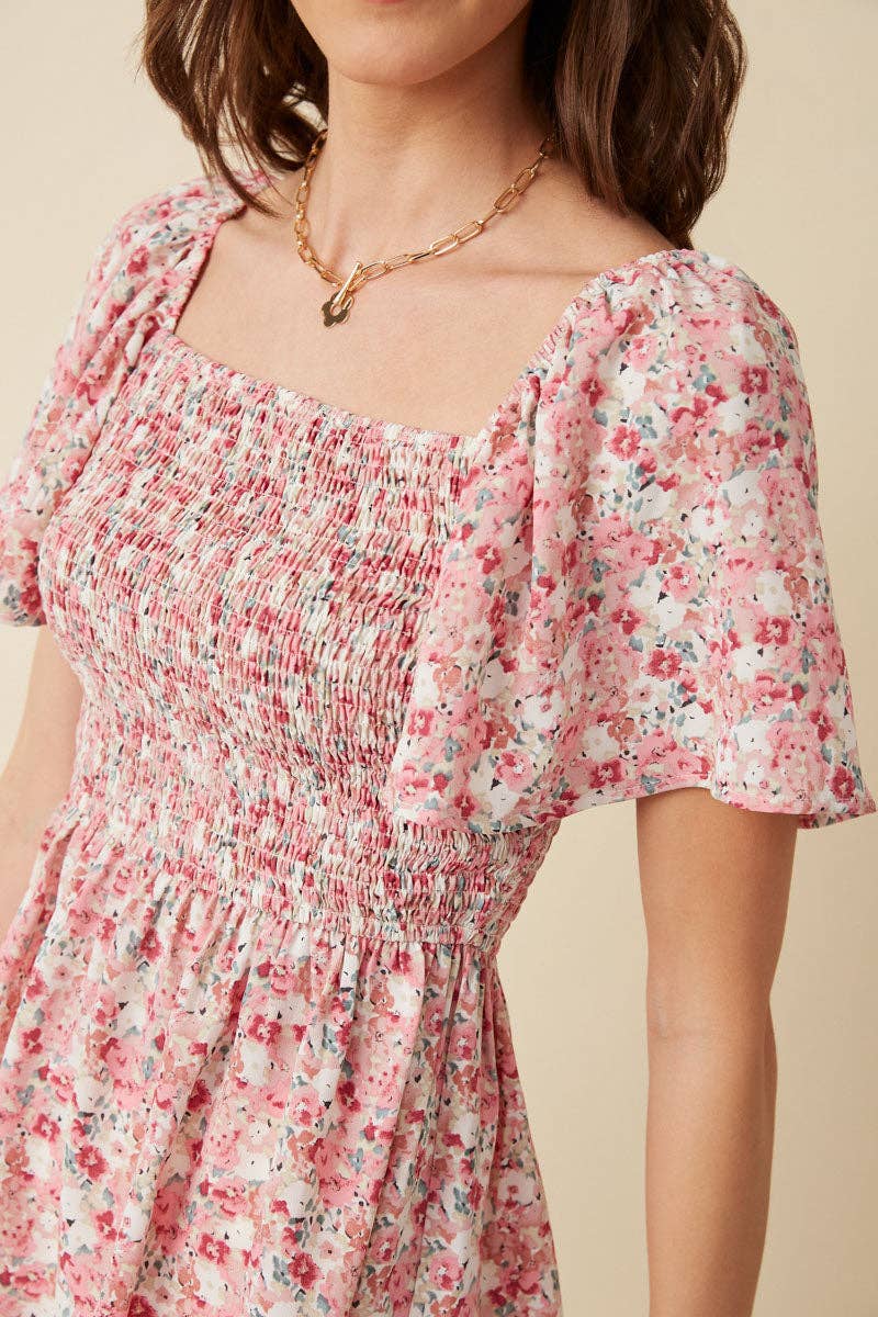 Floral Ruffle Sleeve Smocked Peplum